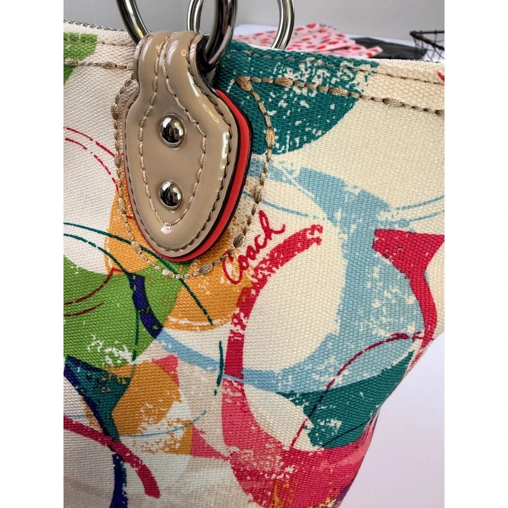 Coach Poppy Graffiti Signature C Canvas Shoulder Bag Multicolor Coral Trim